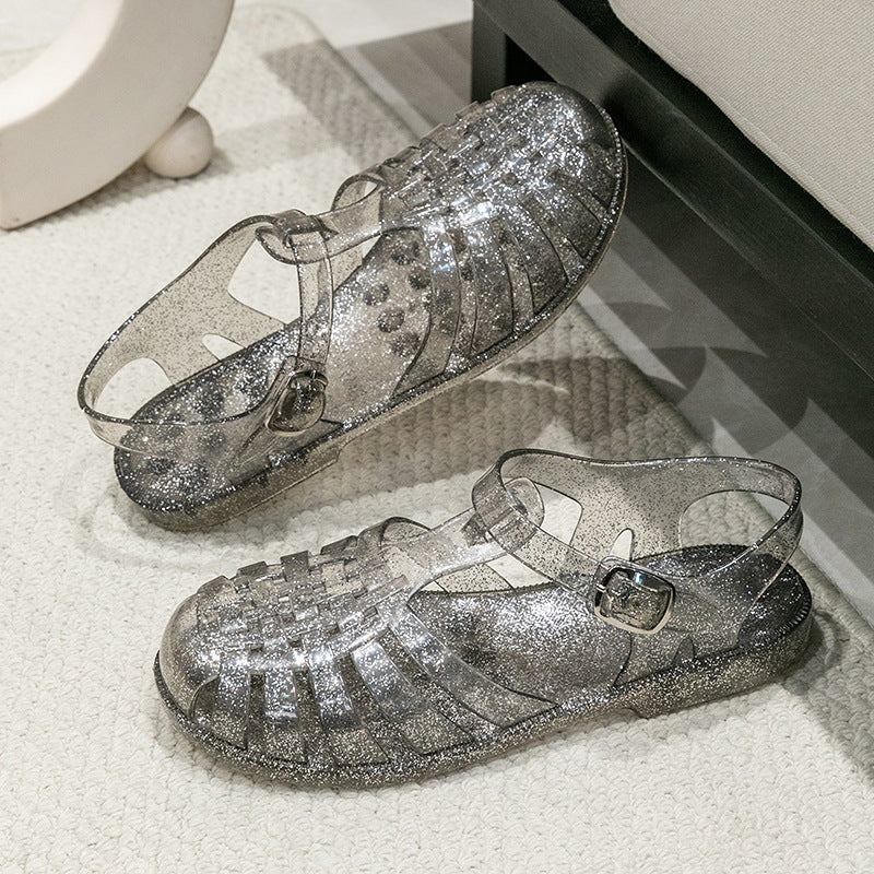 Crystal Flat Hollowed Sandals Roman Shoes Closed Toe Women's Sandals