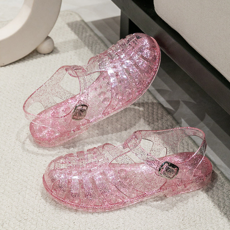 Crystal Flat Hollowed Sandals Roman Shoes Closed Toe Women's Sandals